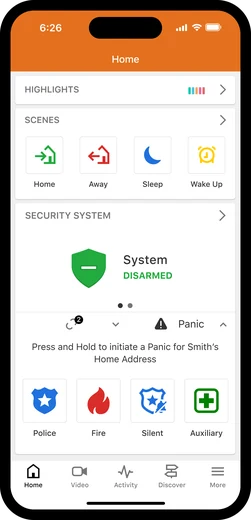 Alarm.com app dashboard showing system status and scenes