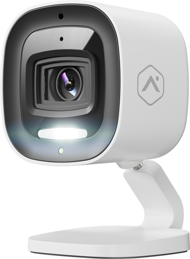 Alarm.com ADC-V530 indoor camera, white, with a light bar under the lens