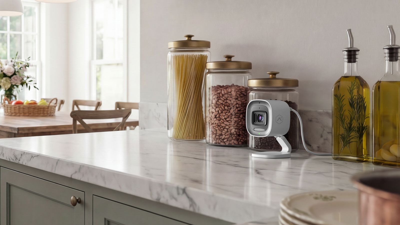Alarm.com V530 indoor camera on a kitchen counter