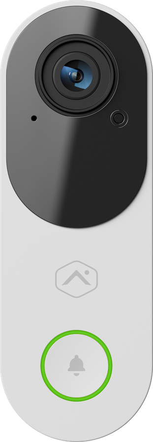 Alarm.com ADC-VDB775 video doorbell in white with a lit button ring