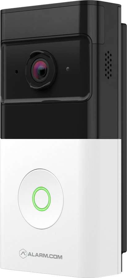 Alarm.com ADC-VDB780B video doorbell, black top with camera and white lower half with a lit button