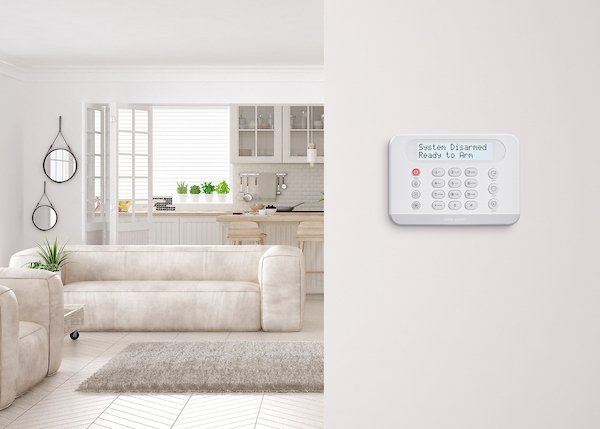 VISTA H3 keypad on the wall of a bright Ottawa living room