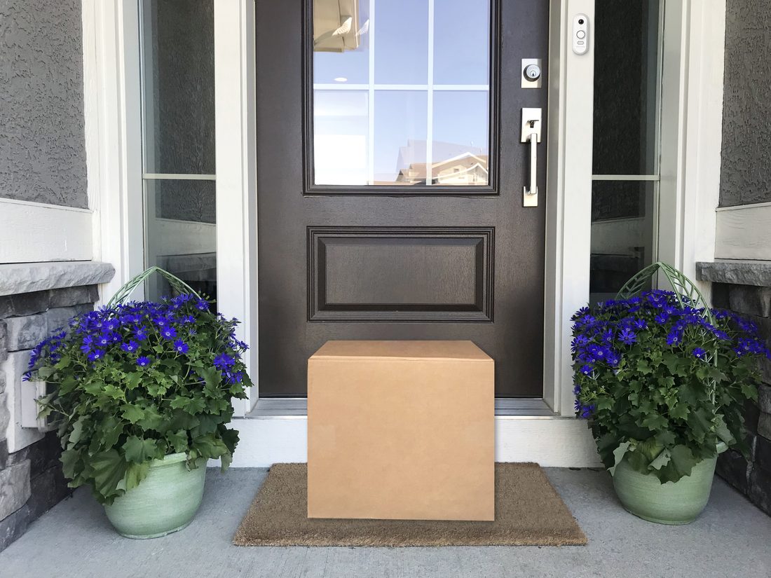 First Alert VX1 video doorbell watching a package delivery